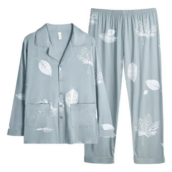 Vīrieši Pyjama Uzstādīt Kravu Kokvilnas Pavasara garām Piedurknēm Kļavu Lapu Drukas Vīriešu Pidžamas Uzvalks Naktsveļu Atloks Apkakli Pijama Vīriešu Sleepwear 3XL