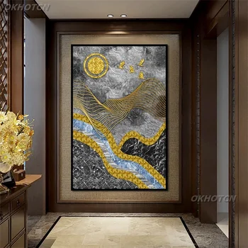 Mūsdienu Ķīniešu Stila Sienas Art Attēlu Dzīvojamā Istaba Eju Mājas Dekoru Anotācija Zelta Līnijas Ainavu Kanvas Glezna Drukas Plakāts