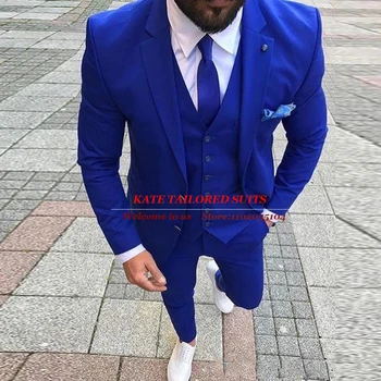 Royal Blue Mens Slim Fit Uzvalki Oficiālu Kāzu Līgavainis Uzvalku Tailore-3 Gabali Vienā Krūtīm, Žakete, Veste Bikses Vīriešu Apģērbs