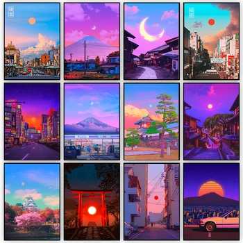 Japāņu saulrieta un saullēkta dekorācijas, plakātus, kanvas glezna ceļojumu sienas mākslas dzīvojamā istabā, guļamistabā, mājas apdare attēlu bezrāmju