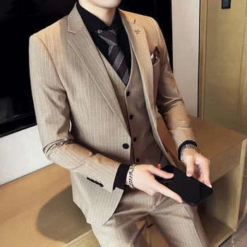 2023 Smalks Svītrains Vīriešu Uzvalks (uzvalks + Veste + Bikses) Britu Modes Hgh-end korejas Slim Skaists Biznesa Sut Kleitu, Trīs-pece Komplekts