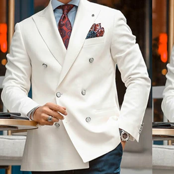 Balta Dubultā Krūtīm, Vīriešu Uzvalki, 2 gabals Oficiālu Kāzu Uzvalku par Groomsmen Cilvēku Modes Apģērbu Komplekts Jaka ar Melnas Bikses