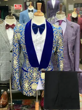 Ir 2021. Modes Dizaina Kostīmu Homme Royal Zils, Zelta Ziedu, Vīriešu Uzvalki, Kāzu Līgavainis Uzvalku Terno Masculino Pieguļoša Žakete 2 Gabali