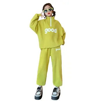 Junioru Meitene Apģērbu Komplekts Korejas Jauniešu Modes Vēstuli Izdrukāt Divas Gabals Sporta Kokvilnas Pavasara Tērpiem, Zaļa, Rozā Bērniem, Treniņtērpi