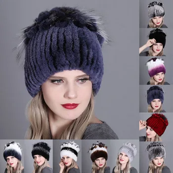 Jaunas Ziemas Krievija Sieviešu Īstu Trušu Kažokādas Cepures Adītas Svītrainām Dāma Īstas Truša Kažokādas Beanies Cepuri Ziemā Silts, Mīksts Vāciņi Ir 2021.