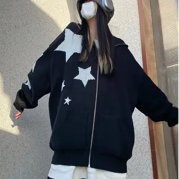 Interneta Slavenība valsts Jaka Džemperis Amerikāņu retro zvaigžņu dizaina trikotāžas džemperis sieviešu ins jūra rudens kapuci jaka