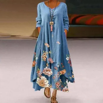 Modes Sieviešu Kleitu Kleita Potītes-Garums Plus Lieluma Drukāšanas Lielu Vīles Puse Kleita Puse Kleita Apaļu Kakla