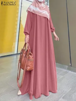 ZANZEA Pavasara Musulmaņu Ģērbšanās Sieviešu Modes Puff Piedurknēm Sundress O-veida Kakla Cieto Krāsas Maxi Drēbes Gadījuma Islāma Apģērba Vestido 2023