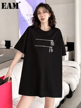 [EAM] Sieviešu Black Dubultu Rāvējslēdzēju Liela Izmēra Garš T-krekls Jaunu Apaļu Kakla Pusi Piedurknēm Modes Jūra Pavasara Vasaras 2023 1DF7314