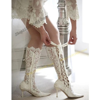 Balts Mežģīņu Dobi Strappy Vidum Teļš Zābaki, Mežģīnes up Norādīja Toe Rāvējslēdzēju Sieviešu Kurpes 2023 Sexy Modes Kodolīgi Zapatos Para Mujere
