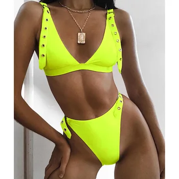 Neona Zaļā Augsta Vidukļa bikini ir 2021. Noregulējiet Siksnu Peldkostīmu sieviešu Sandales Peldkostīmi Sieviešu Divi gabali bikini komplekts Brazīlijas peldkostīms