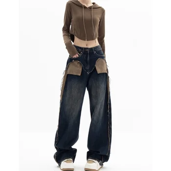 2023 Zilā Krāsā Ar Augstu Vidukli, Sieviešu Džinsi, Līmēšana Krāsu Kontrastu Amerikāņu Modes Vintage Plaša Kāju Jean Sieviešu Bikšu Baggy Džinsa Bikses