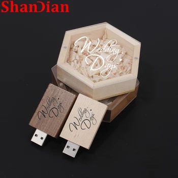 SHANDIAN USB Flash Drives, Kāzu foto Koka Memory Stick Bezmaksas Gravēšana Logo Radošo Hexagon Box, Multi Style Pen Drive