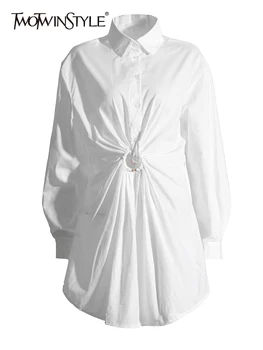 TWOTWINSTYLE Raibs Pogas Kleitas Sievietēm Atloks ar garām Piedurknēm, Augsta Vidukļa Tunika Minimālisma Kleita Sieviešu Modes Apģērbu Jaunas