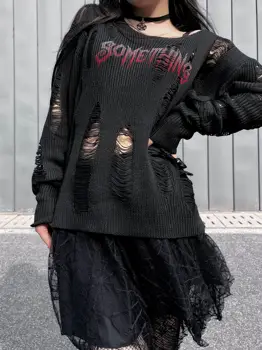 Ruibbit Harajuku Gothic Caurumu Izšuvumi ar garām Piedurknēm Sievietēm Punk Stilā O-veida Kakla Zaudēt Vintage Pie Melnās Trikotāžas Džemperi y2k