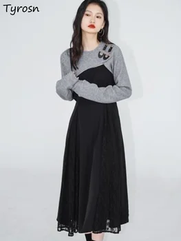 Sievietēm Komplekti Slim Studentiem Elegants Dizainers Ikdienas Modei Mežģīnes Kleitu Cietā Nelegālo Džemperis Džemperis Rudens Vienkāršu Korejiešu Stilā