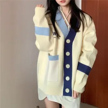 Korejas Koledžas Stila Krāsu Pretbloķēšanas V-veida Kakla Izšūtu Jk Džemperis Jaka Jaka Sieviešu Jauns Slinks Vēja Trikotāžas Džemperis Modes