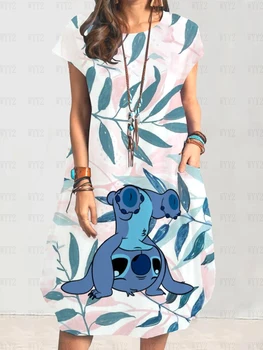 2023 Vasaras Disney Stitch Karikatūra Sieviešu Modes Īsām Piedurknēm Apaļu Kakla Liela Izmēra Printed Kleita Sievietes Sexy Kleita Brīvs