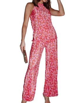 Sievietēm s 2 Gabals Gadījuma Tērpiem, bez Piedurknēm Pavada Kakla Topi vienkrāsainu Ziedu Bikses Komplekti Streetwear