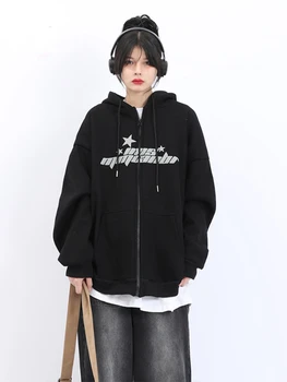 HOUZHOU korejiešu Stilā Black Star Zip Up Hoodies Sieviešu Kpop Harajuku Hipiju Vintage Streetwear Lielgabarīta Vēstuli, sporta Krekli, Topi