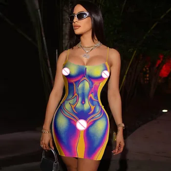 2023 3D Krāsains Drukāt bez Piedurknēm, Biksītes Sexy Bodycon Mini Kleita Pavasara Vasaras Sieviešu Modes Y2K Drēbes Puse Klubs