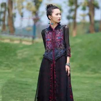2023 ķīnas vintage žakarda satīns raibs kleita valsts ziedu izšuvumi bez piedurknēm kleita austrumu-line tautas kleita