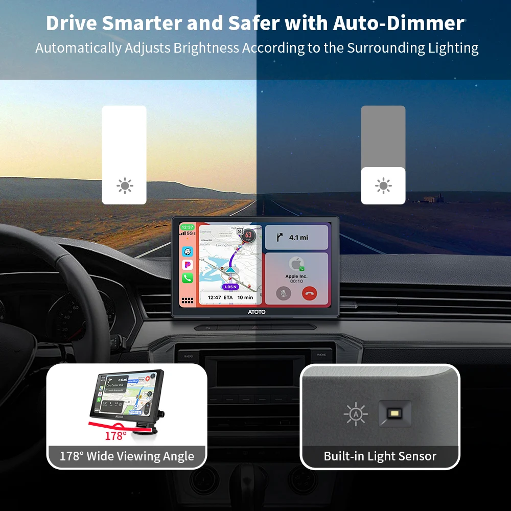 ATOTO Portatīvo Auto Radio 7 Collu HD Glare-Domātas Touch Ekrāns, Bezvadu CarPlay Android Auto WDR& Auto Reostats Auto Stereo