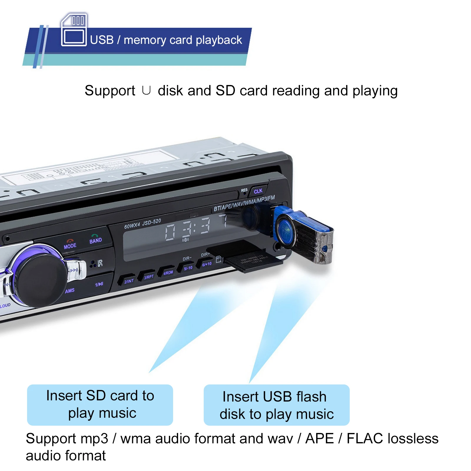 Automašīnas radio stereo atskaņotājs, digitālā bluetooth auto MP3 atskaņotājs 60Wx4 FM radio stereo audio mūziku USB/SD ar Dash AUX ieeja