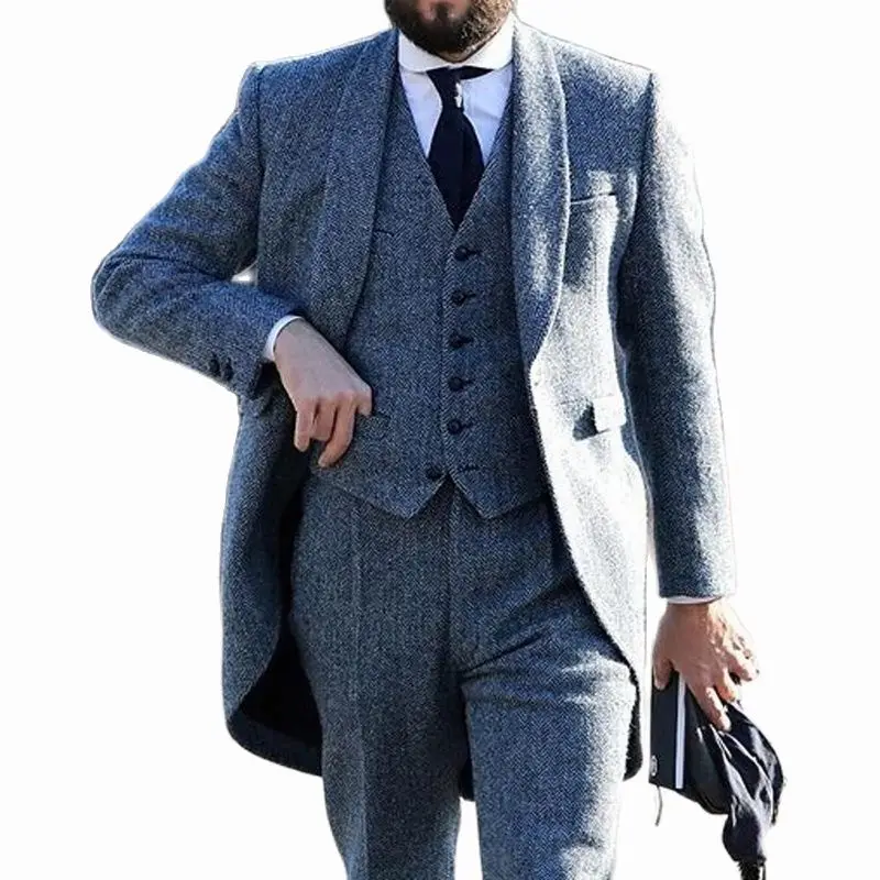 Elegants Skujiņas Tvīds, Vilna Kāzu Uzvalku 3 Gabals Vīriešu Slim Fit Uzvalks Formālas Biznesa Groomsmen Kāzu Tērpi, Tērpu Homme