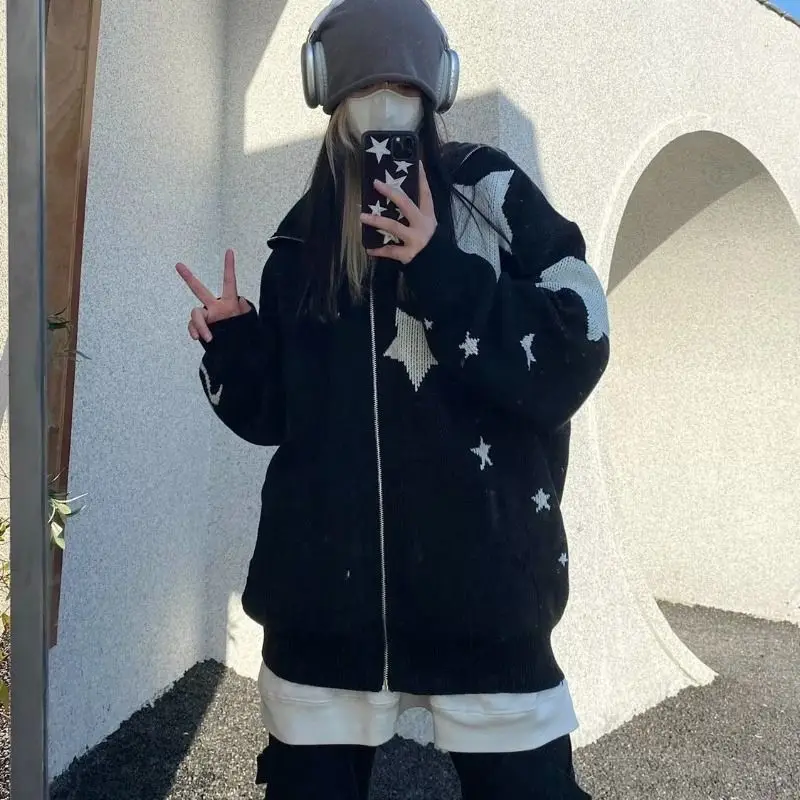 Interneta Slavenība valsts Jaka Džemperis Amerikāņu retro zvaigžņu dizaina trikotāžas džemperis sieviešu ins jūra rudens kapuci jaka