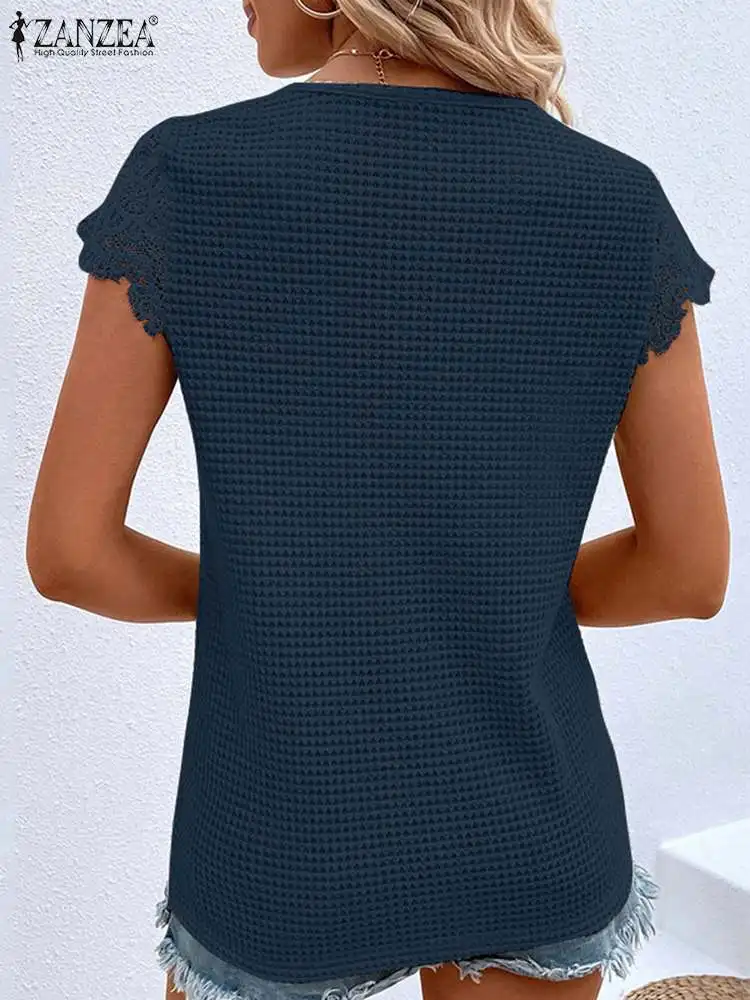 ZANZEA Modes Vasaras Blūze Sievietēm Mežģīnes Raibs Tops Elegantu V-Kakla Īsām Piedurknēm Gadījuma Puse Krekls Femininas Blusas Chemise