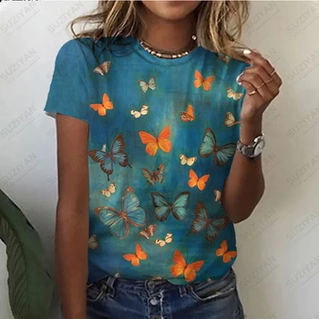 2023 Jauns Sieviešu T-krekls 3D Ziedu Drukāt Īsām Piedurknēm Top Modes Gadījuma Harajuku Sieviešu Y2k Meiteņu Apaļu Kakla Džemperis Top