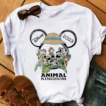 Disney 2023 Dzīvnieku Valstību Drēbes Mickey un Freinds Squad Drukāt Sieviešu T Krekls Balts O-veida kakla Topi Gadījuma Brīvdienu Ceļojumu T-krekls
