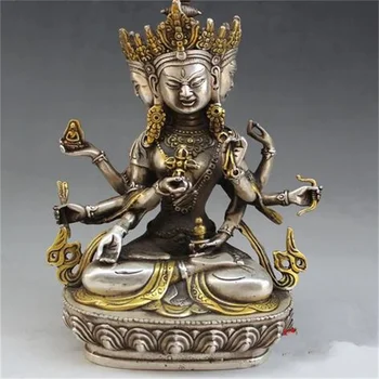 Tibetas buddhismus fane silber 3 gesicht 8 rokas Kuan yin Bodhisatva budas statuja dekoration metallhandwerk