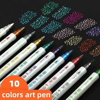 Krāsas Marķieri divām galvām Krāsu Soft-tip Pildspalvu 10Color Perlamutra Zelta Krāsā Studentu Soft-tip Kaligrāfija Pildspalvu Mākslas Glezniecības Supplly