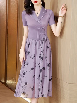 Vasaras Dizaineru Sieviešu Drukāt Kroku Kleita Gadījuma Vintage 2023 Modes Īsās Piedurknes Elastīga Auduma, Frēzēšana Halāti Femmes Violeta