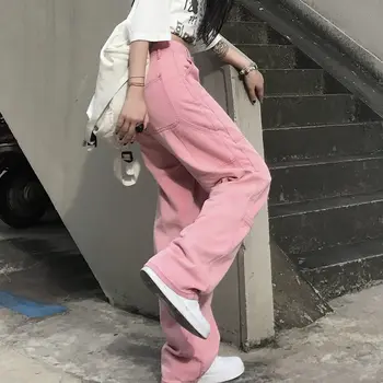 Rozā Džinsi Sievietēm Punk Hipiju Streetwear Plaša Kāju Bikšu Harajuku Akadēmiskā Džinsa Bikses Vintage Pilna Garuma Streetwear