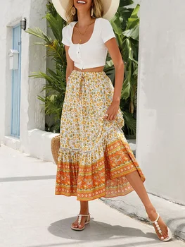 Sieviešu Bohomian Stila Beachwear Ilgi Svārki Eleganta, Elastīga Vidukļa Ziedu Flowy Vasaras Šūpoles-Line Svārki Gadījuma Dienas