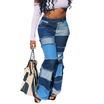 Vintage Raibs Krāsu Bloķēšanu Uzliesmoja Džinsi Sieviešu Augsto Vidukli Cieši Hip Džinsa Bikses Sieviešu Rudens Gadījuma Bikses Streetwear