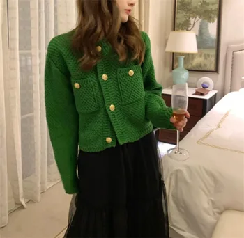 Sievietes Cieta no Adīta Jaciņa Vienu Krūtīm, O-veida Kakla garām Piedurknēm viens izmērs šiks jaka Rudens Outwear korejiešu Stila Džemperis Mētelis