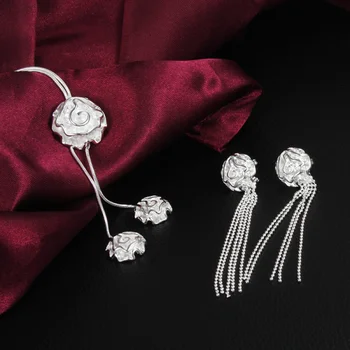 Jaunā sodu 925 Sterling Silver rose puķu kaklarotas auskars Juvelierizstrādājumu komplekts sieviešu modes Pusei kāzu dāma Ziemassvētku dāvanas