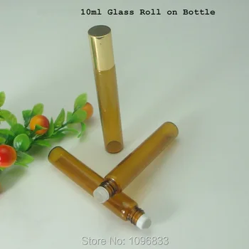 10CC 10 ML Dzintara Brūna Stikla Roll Pudele, ēteriskā Eļļa Pudelītē, Smaržu Iepakojuma Pudeles, Tukšas Stikla Flakoniem Golden Cap, 50gab/Daudz