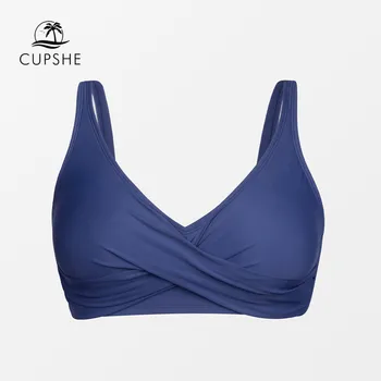 CUPSHE Plus Lieluma Zilā krāsā V-veida kakla Izliekumam Bikini Top, Tikai Sievietēm, Liela Izmēra Seksīgas Mežģīnes Up Top 2023 Beach Atsevišķo Peldkostīmu Krūšturis Top
