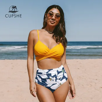 CUPSHE Push Up Dzeltens Ziedu Augsto Vidukli, Bikini Komplekti, Peldkostīms Sievietēm Seksīgas Mežģīnes Up Divi Gabali Peldkostīmi 2023 Beach peldkostīmu