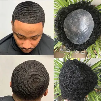 Afro Kinky Cirtaini Vīriešu Toupee Āfrikas Amerikāņu Vīrieši Hairpiece 100% Cilvēku Mati 10x8inch Nomaiņa Parūka #1B Jet Melna Krāsa
