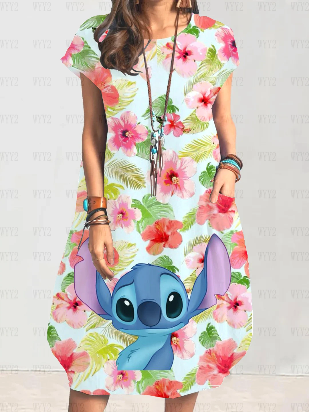 2023 Vasaras Disney Stitch Karikatūra Sieviešu Modes Īsām Piedurknēm Apaļu Kakla Liela Izmēra Printed Kleita Sievietes Sexy Kleita Brīvs