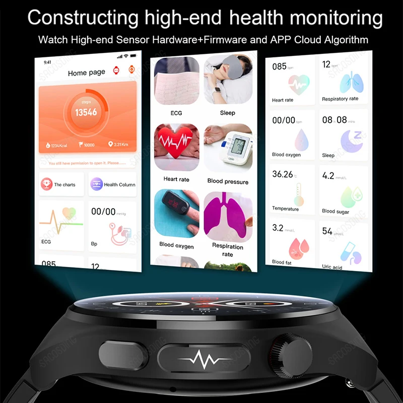 2023New Neinvazīva Asins Cukura Smart Watch Veselības Asins Lipīdu urīnskābes Monitora EKG+PPG Pulksteņi Smart Bluetooth Zvanu Smartwatch