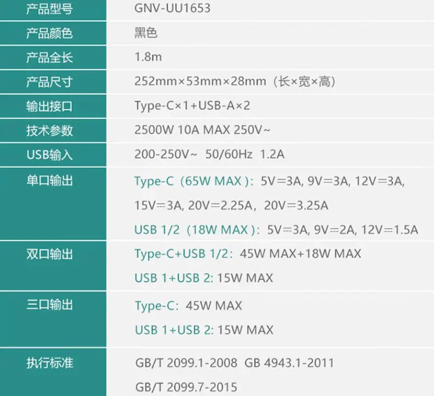 chinaBULL 65WPD Apple Ātrās Uzlādes C Ports USB Ligzda/Stieples Valdes/Pievienojiet Līnijas Valdes 3USB+3 Caurumi Kopējais Garums: 1.8 m GNV-UU1653
