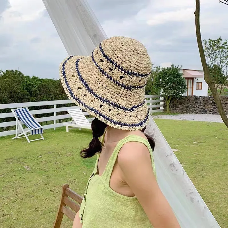 Handwoven ziedu salmu hatUV izturīgs saulessargs hatwomen ir retro beach vasaras salokāms saules liela malām cepure