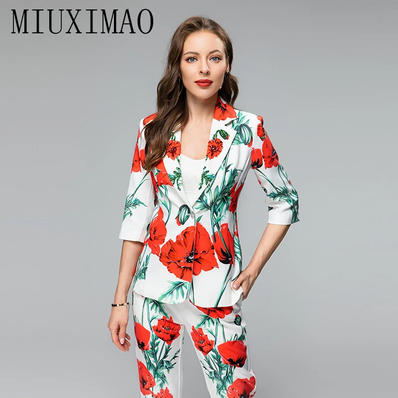MIUXIMAO 2023 Augstas Kvalitātes Pavasara&Vasaras Elegants Tērps ar garām Piedurknēm Robots Drukāt Vienu Pogu Dimanta Modes Tērps JackWomen